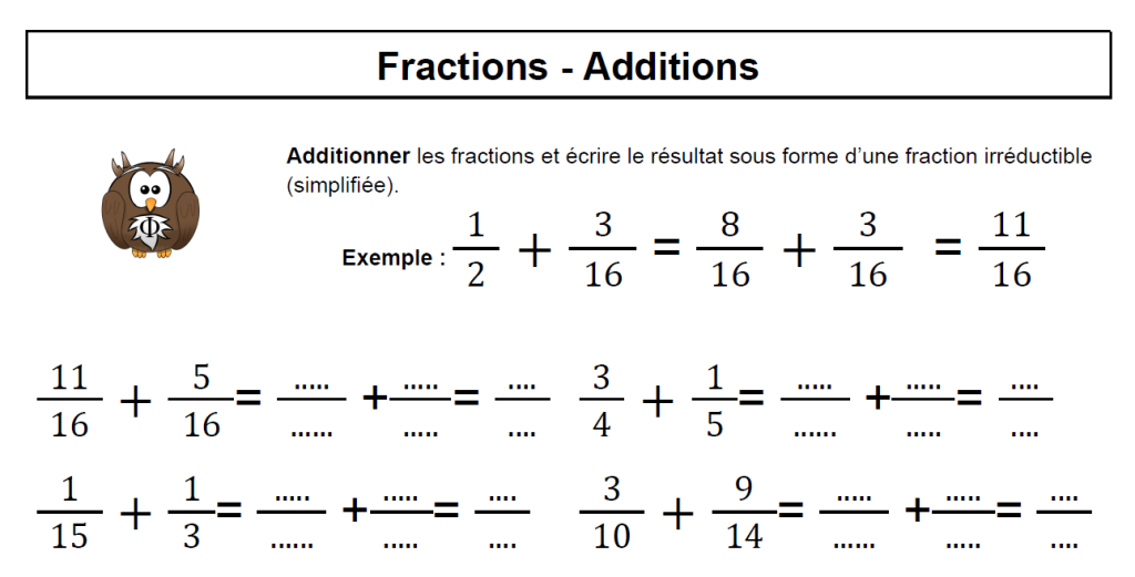 fichier gratuit d'exercices d'additions de fractions